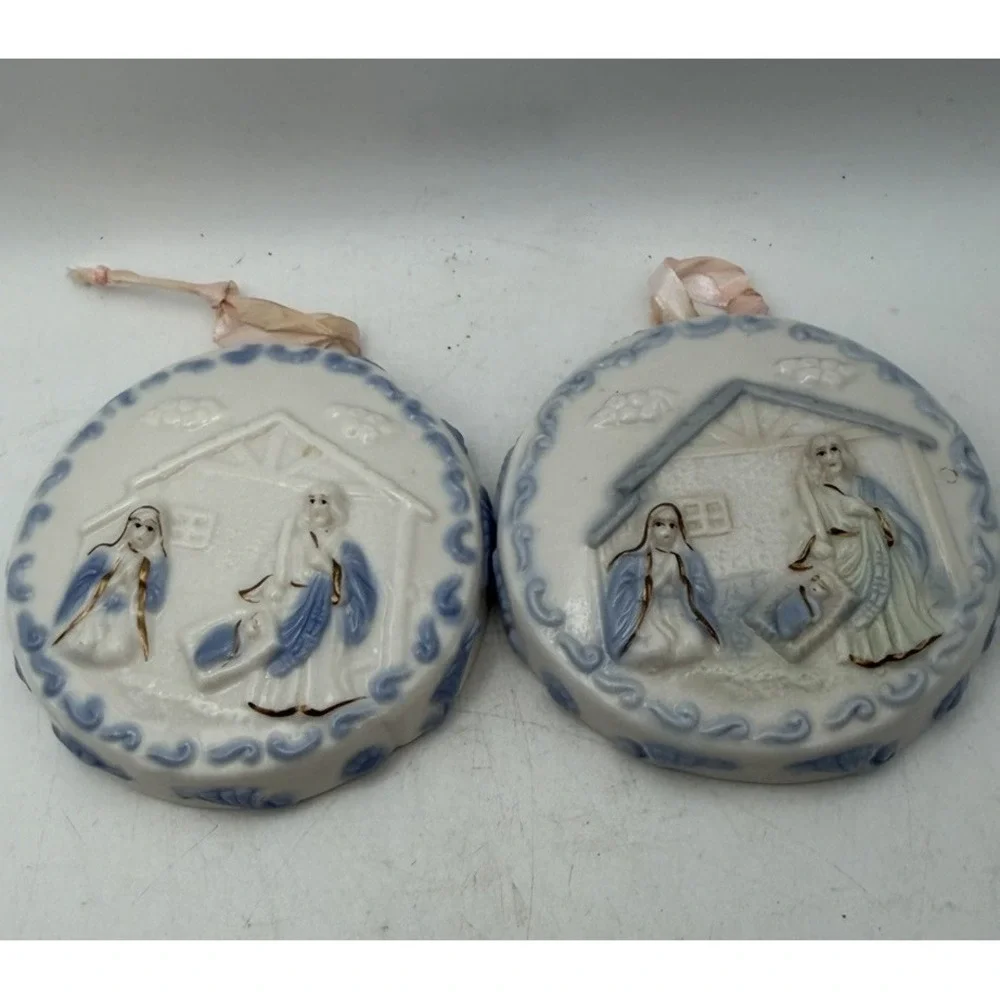 Vintage Autom Porcelain Nativity Christmas Ornaments Blue White Relief Set of 2